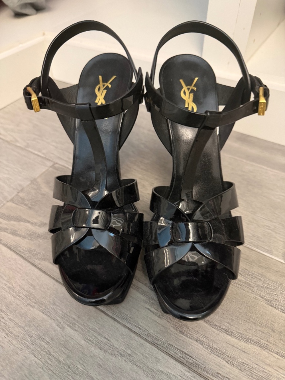 Saint Laurent Tribute Patent Leather Platform Sandals Black Size 38.5